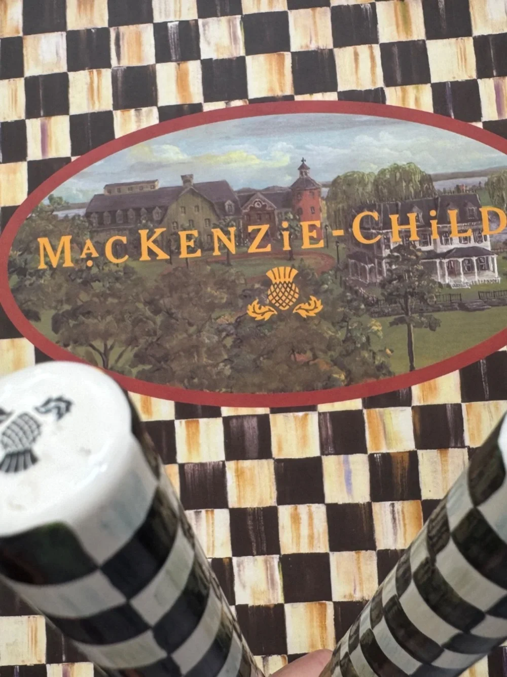 Brand New Mackenzie Childs Courtly Check Salad Servers Wood & Stainless Sweet